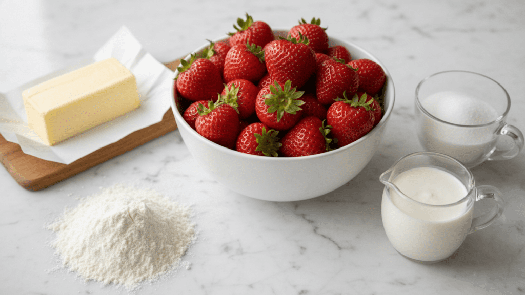 A collage showing fresh strawberries, a block of butter, flour, and heavy cream.