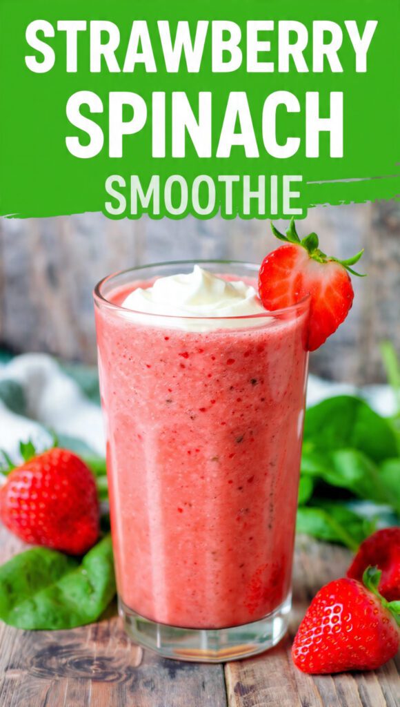 A tall glass of vibrant pink strawberry spinach smoothie with a straw and fresh berries on top with text overlay "Strawberry Spinach Smoothie"