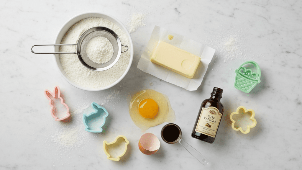 A collage of cookie ingredients: flour, butter, sugar, egg, and vanilla extract.