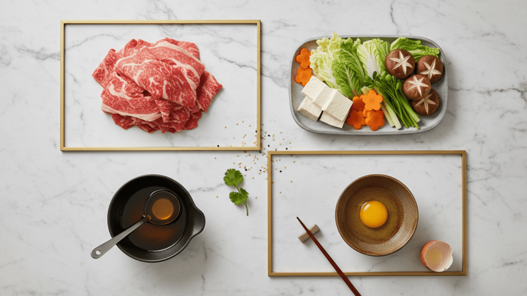 A professional collage of sukiyaki ingredients including raw beef, tofu, and greens.