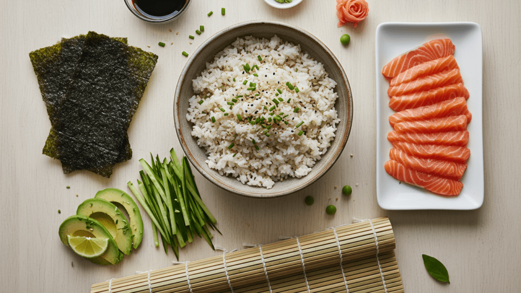 Raw ingredients for making a healthy authentic Japanese sushi rolls recipe.