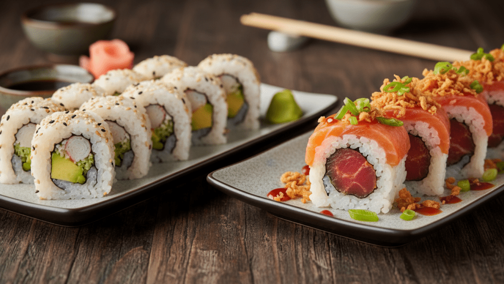 Two different versions of sushi rolls including a spicy tuna option.)