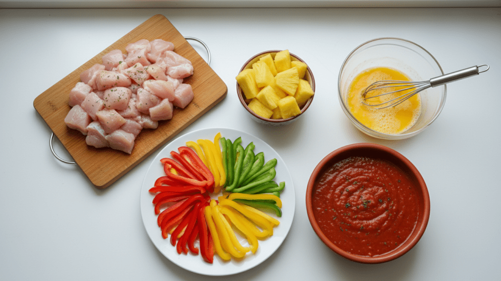 Ingredients collage for making homemade sweet and sour chicken.