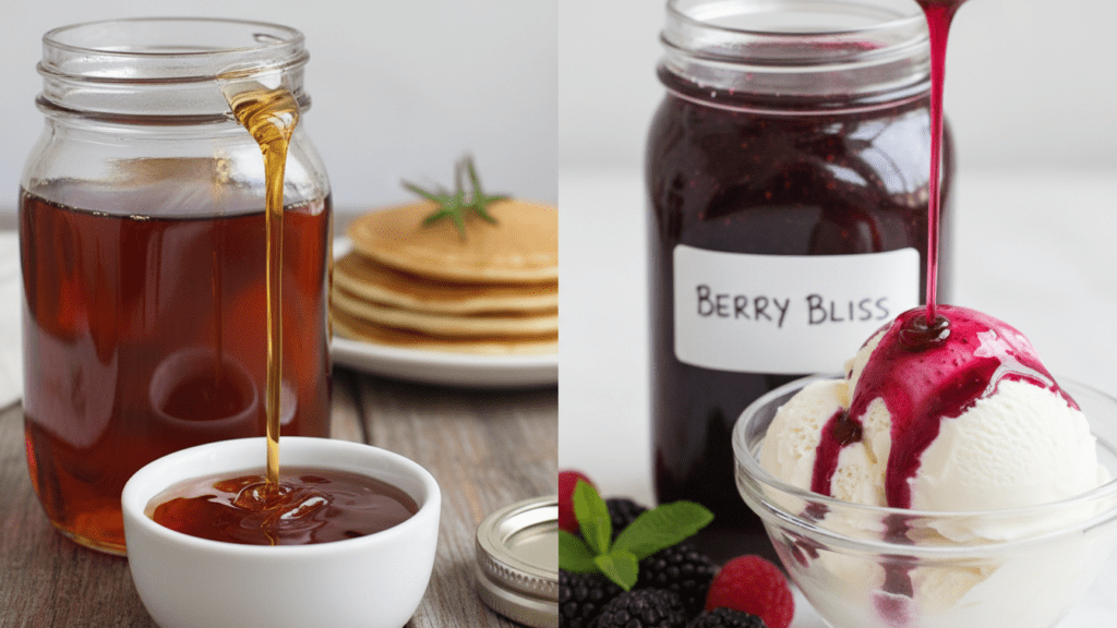 Two separate images showing a clear jar of plain syrup and a jar of blueberry-infused syrup.