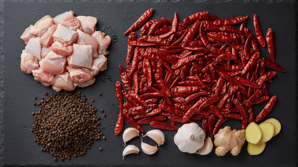 A collage of stir fry ingredients: chicken thighs, Szechuan peppercorns, dried chilies, garlic, and ginger.