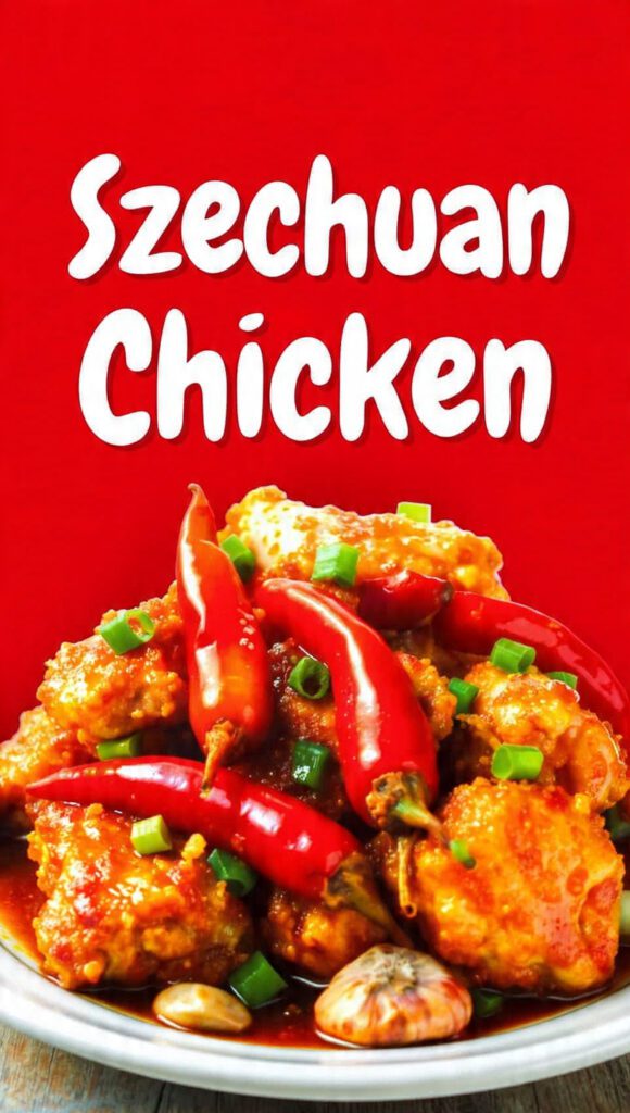 A vibrant wok of Szechuan chicken with red dried chilies and peanuts with text overlay "Szechuan Chicken".