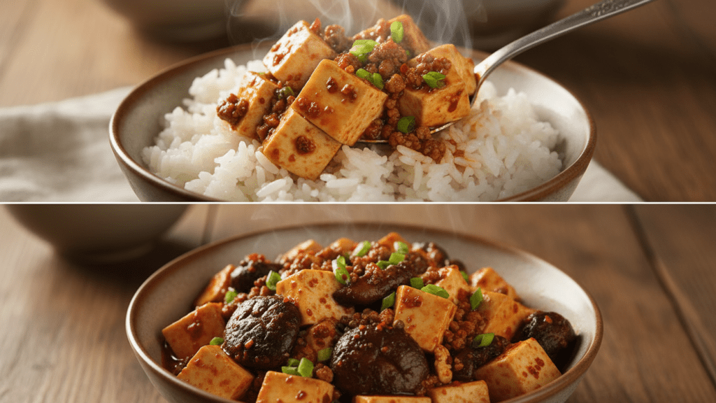 Close up of mapo tofu over rice and a vegetarian mushroom version.