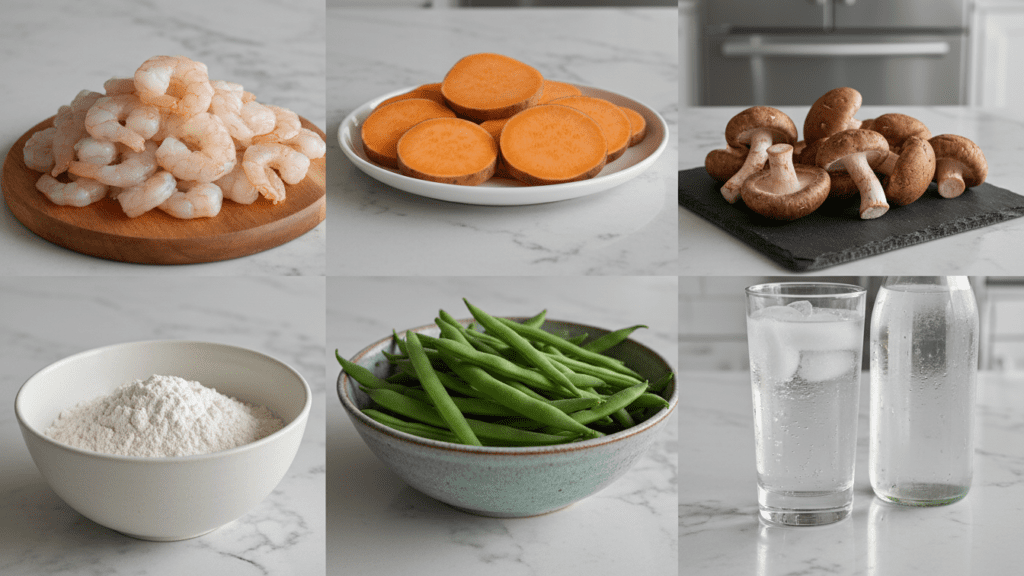 A flatlay of tempura ingredients including shrimp, colorful vegetables, flour, and ice water.