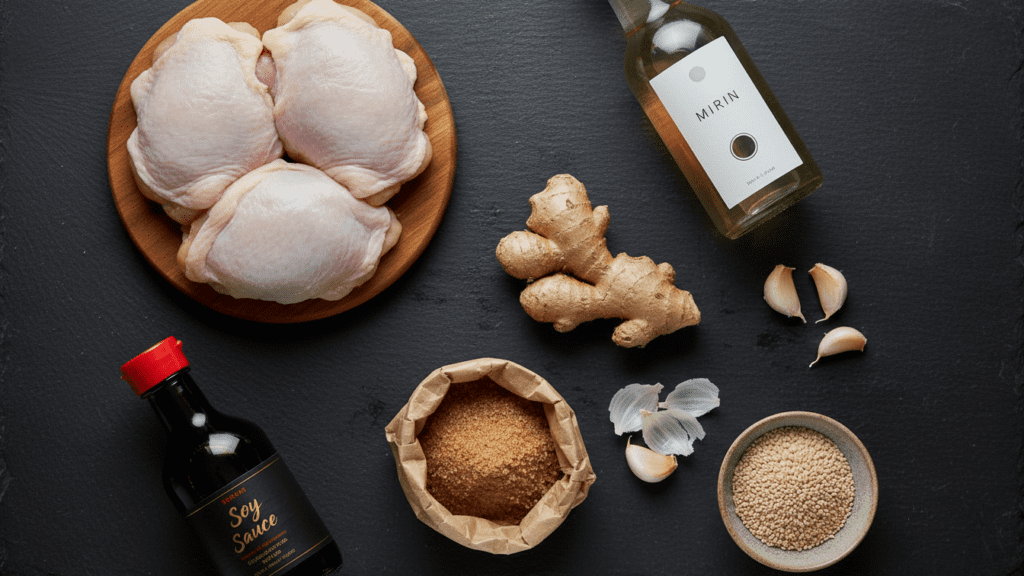 Raw ingredients for making a healthy authentic Japanese teriyaki marinade.