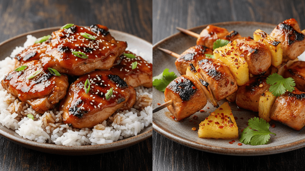 Two different versions of teriyaki chicken including a spicy pineapple option.