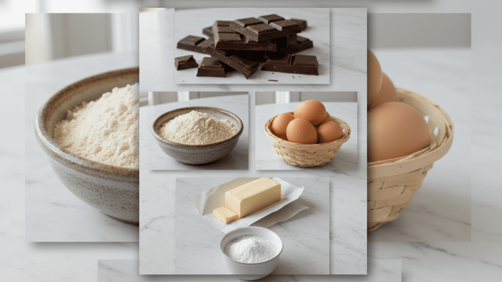 Ingredients collage for torta caprese including dark chocolate, almond flour, and eggs.