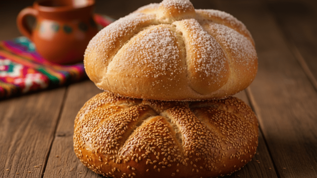 Close up of traditional sugar pan de muerto and a sesame seed version.