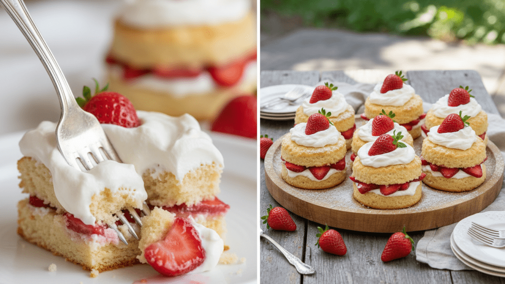 Close up of a bite of shortcake and a wide shot of a platter of individual shortcakes.