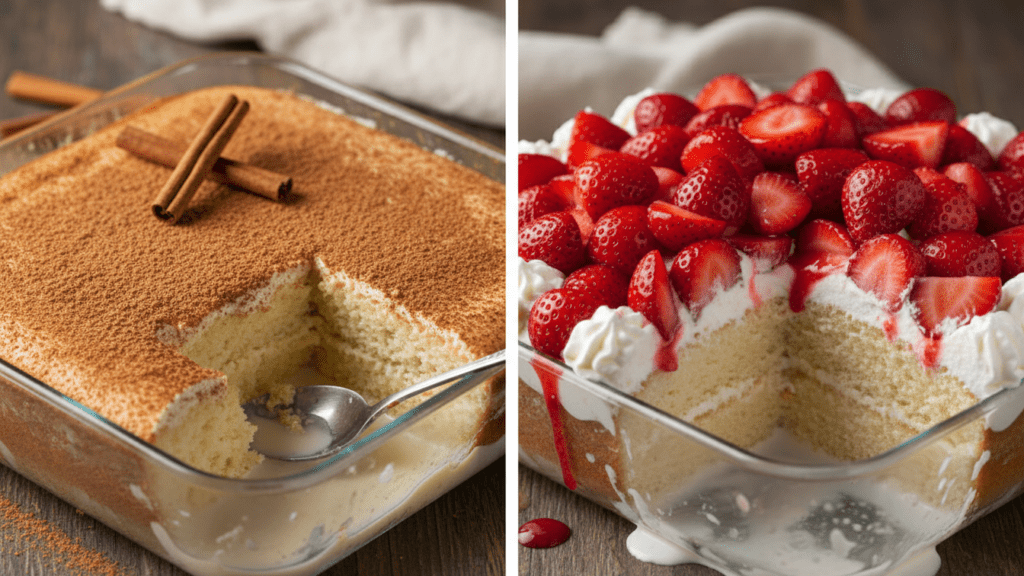 Two different versions of tres leches cake including a fruit-topped option.