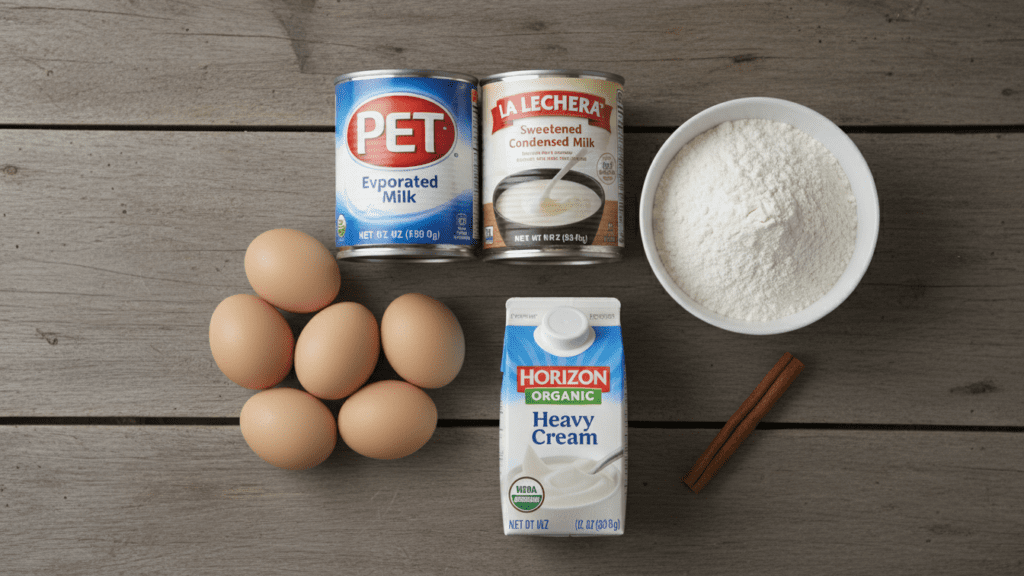 Raw ingredients for making a healthy authentic Mexican tres leches cake recipe.