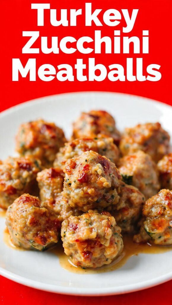 A plate of golden brown turkey zucchini meatballs with text overlay reading "Turkey Zucchini Meatballs".