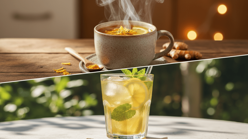 Close up of hot turmeric tea and an iced version with mint.