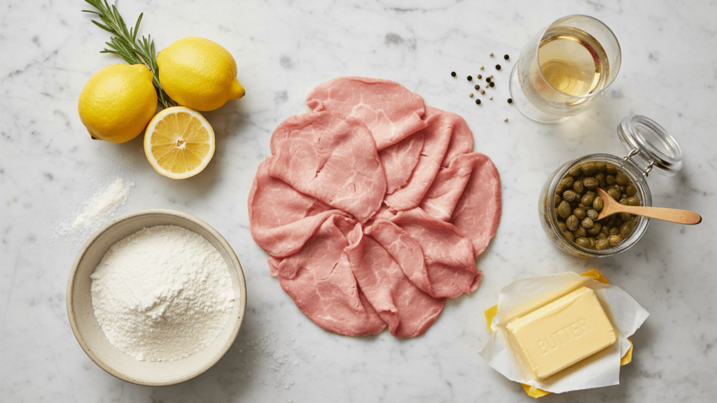 Raw ingredients for making a healthy authentic Italian veal piccata recipe