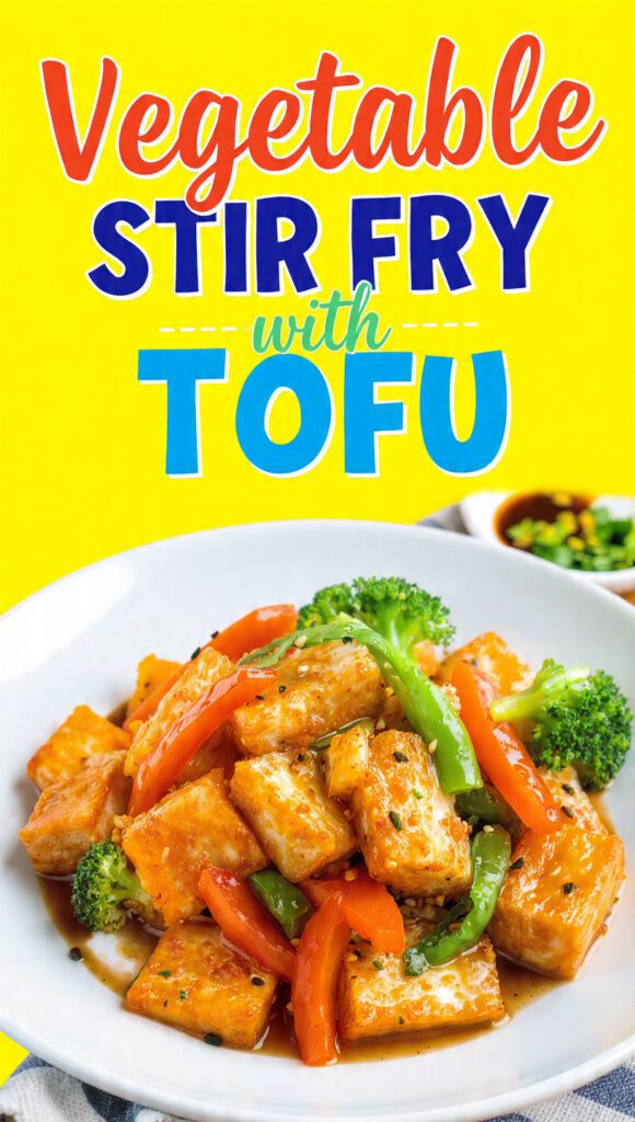 A colorful vegetable stir fry with crispy tofu in a wok with text overlay "Vegetable Stir Fry With Tofu".
