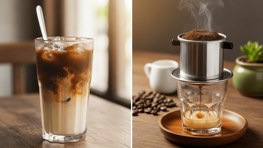 One glass of iced Vietnamese coffee with a straw and one hot glass with the Phin filter still on top.