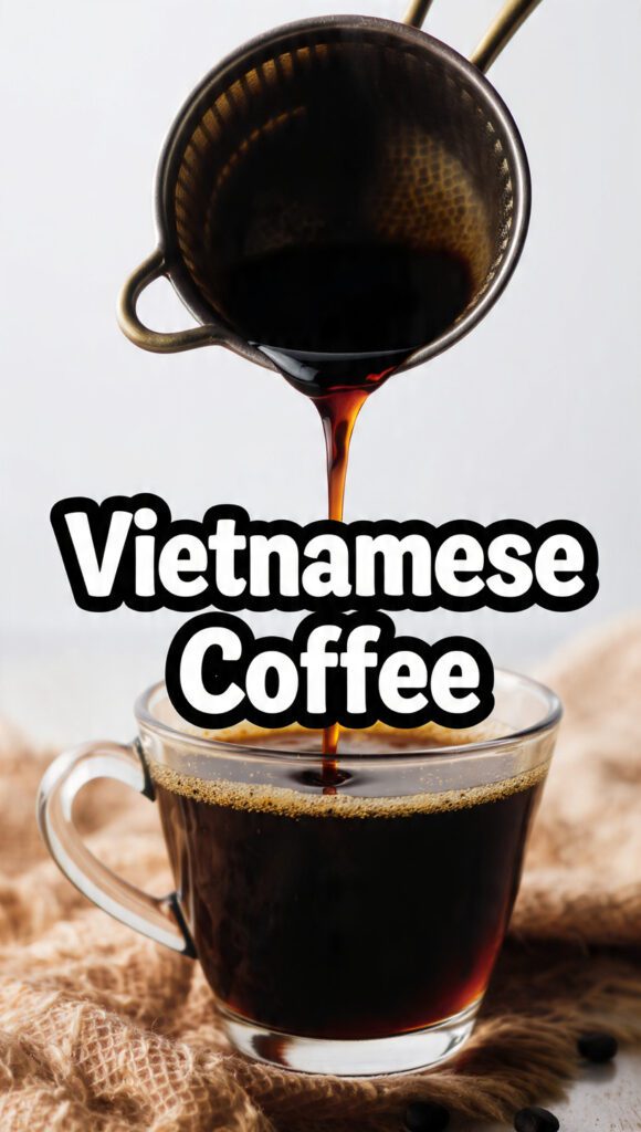 A close-up of coffee dripping through a metal Phin filter into a glass with condensed milk and text overlay "Vietnamese Coffee".