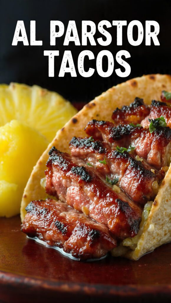 A delicious plate of authentic homemade Al Pastor tacos with pineapple.