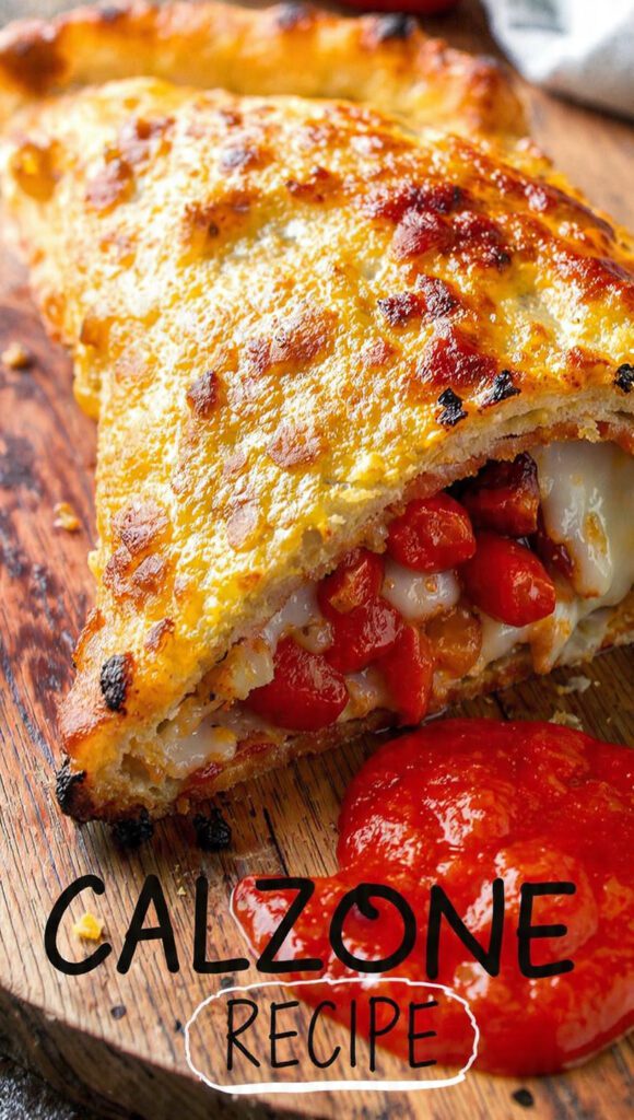 A steaming golden calzone being cut open with cheese stretch.