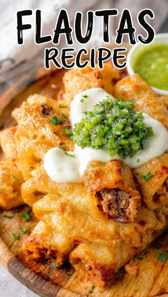 A stack of crispy golden flautas with cream and guacamole on top.