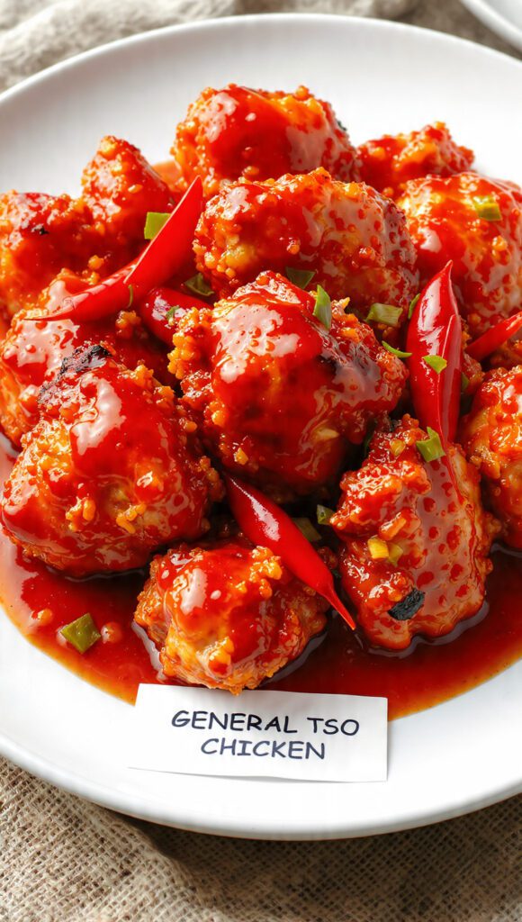 A delicious bowl of crispy authentic General Tso chicken with green onions.)