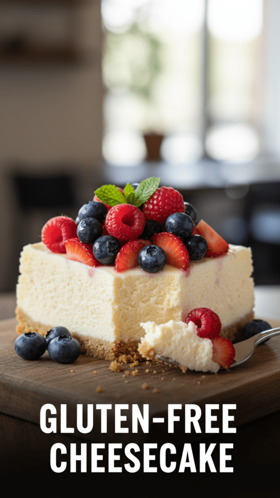 A slice of silky gluten-free cheesecake with a graham cracker crust and berries.
