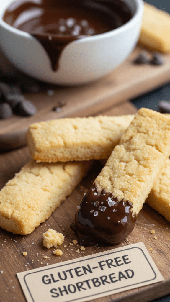 A stack of buttery gluten-free shortbread biscuits with vanilla bean specks.