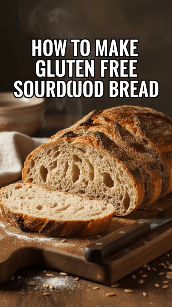 A beautiful loaf of homemade gluten free sourdough bread on a wooden board.