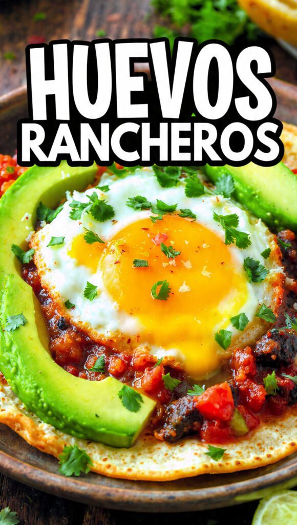 A beautiful plate of authentic homemade huevos rancheros with avocado.