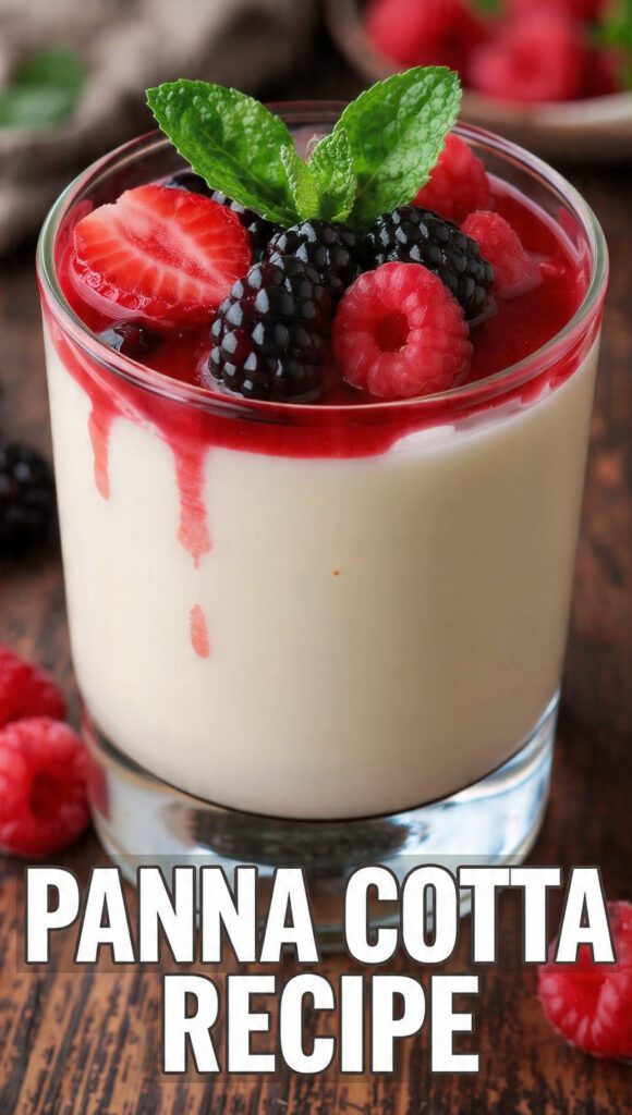 A silky panna cotta dessert with a berry coulis on top.