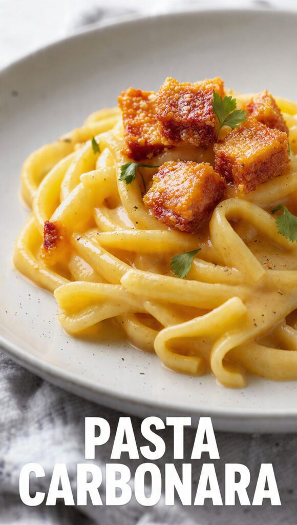 A delicious plate of authentic silky pasta carbonara with pecorino.