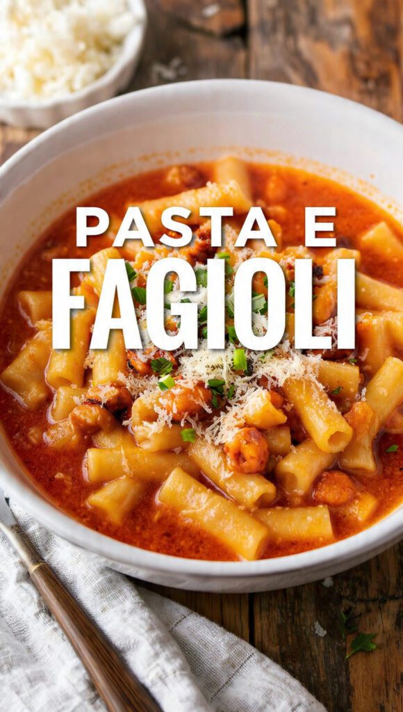 A delicious bowl of hearty authentic pasta e fagioli with cheese.