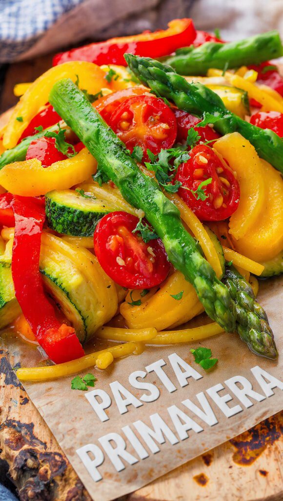 A beautiful plate of vibrant pasta primavera with fresh vegetables.