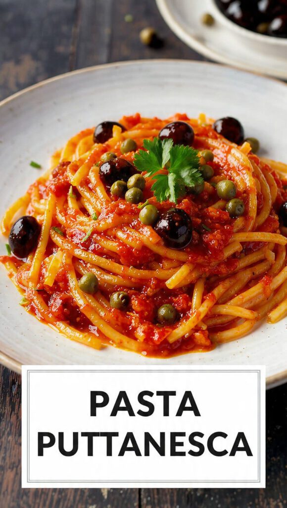 A delicious plate of authentic salty pasta puttanesca with olives.