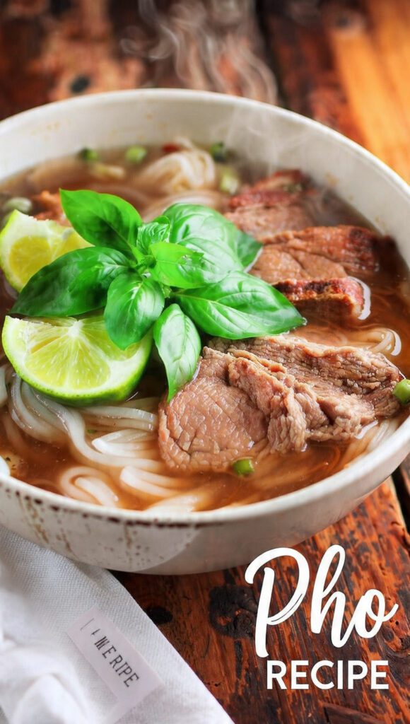 A beautiful bowl of authentic homemade beef pho with fresh herbs.