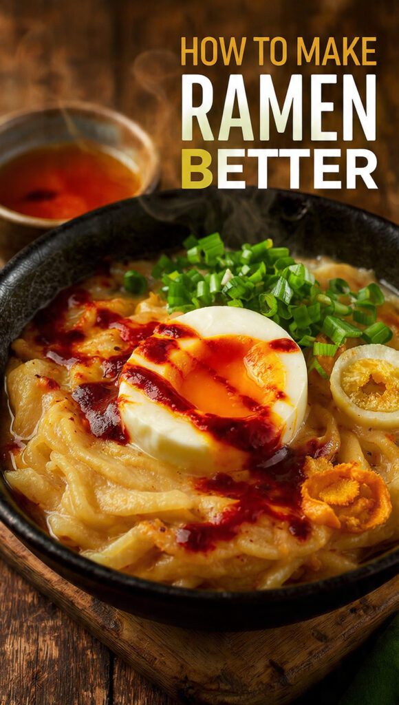 A steaming bowl of upgraded ramen with a jammy egg and green onions.