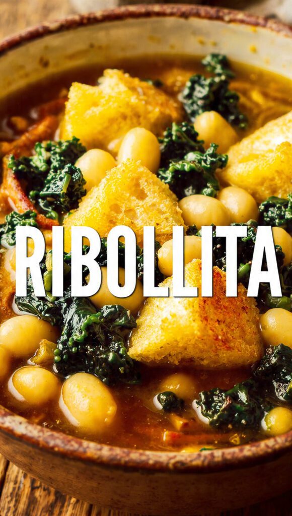 A rustic bowl of Ribollita stew with kale and bread.