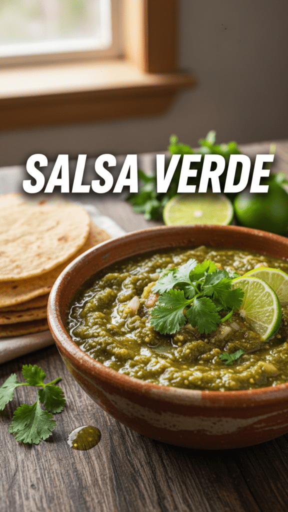 A delicious bowl of vibrant homemade salsa verde with a creamy topping.