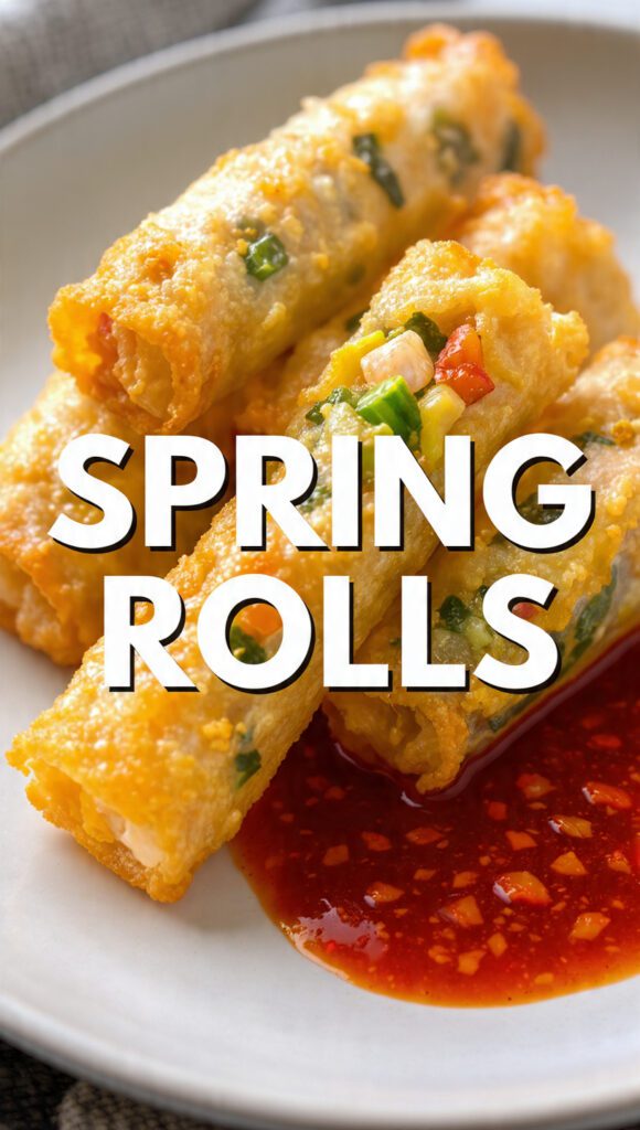 A stack of crispy golden-brown spring rolls with a sweet chili dipping sauce
