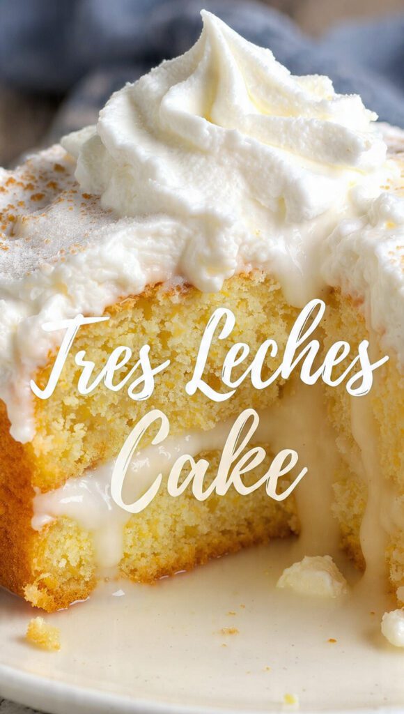 A delicious slice of authentic homemade tres leches cake with whipped cream.
