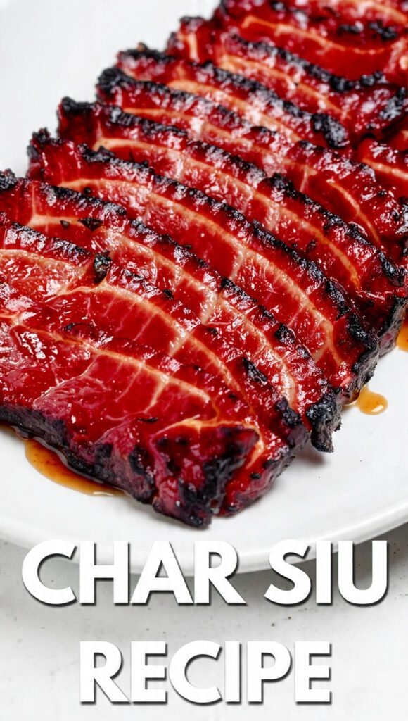 A glistening plate of sliced char siu Chinese BBQ pork with honey glaze.