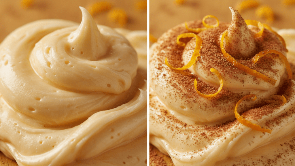 Close up shot of the fluffy texture of whipped honey butter and a variant with cinnamon.