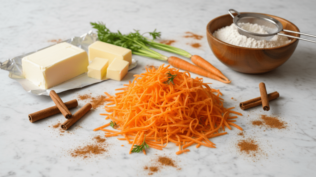A collage of ingredients: carrots, cream cheese, cinnamon, and flour.