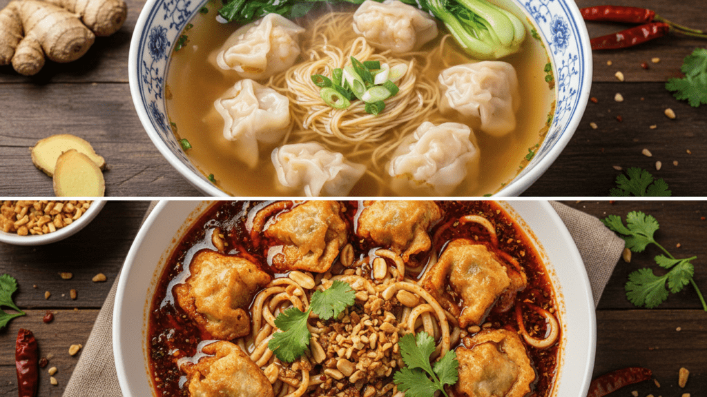 Two views of wonton soup: one traditional and one with spicy chili oil.