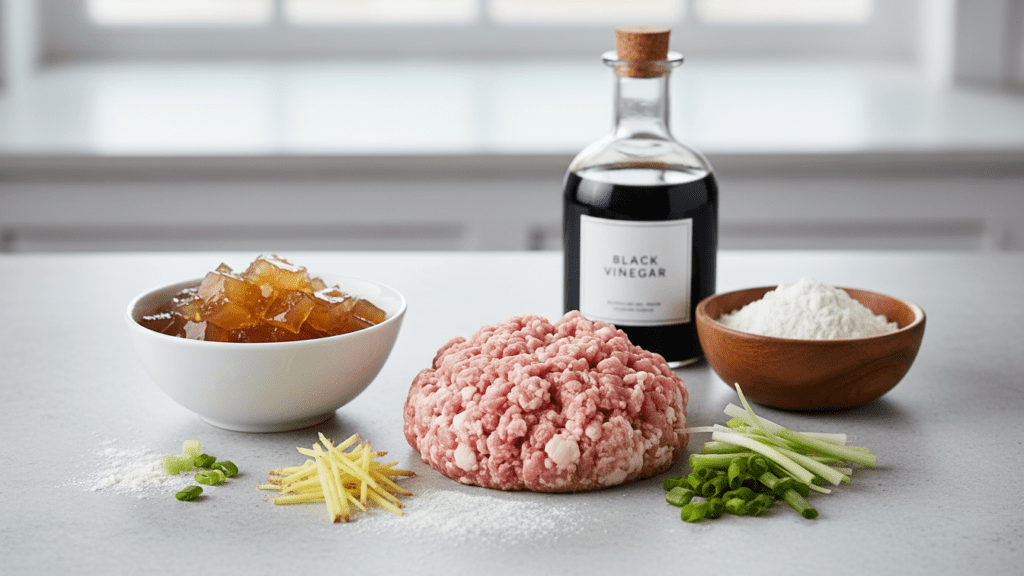 Ingredients collage for making homemade soup dumplings.