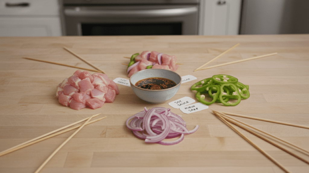 A flatlay of yakitori ingredients including raw chicken, vegetables, soy sauce, mirin, sake, and sugar.